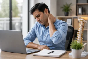 Man experiencing neck pain while working on a laptop at an office desk, highlighting posture-related neck strain.