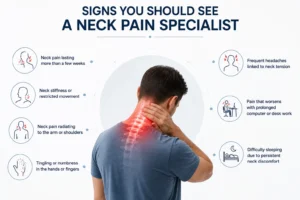 Infographic showing the signs that indicate it's time to see a neck pain specialist, including persistent pain, stiffness, radiating arm pain, tingling, headaches, and sleep disturbances.