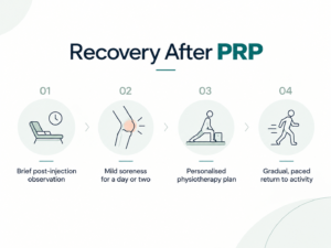 Infographic titled 'Recovery After PRP' showing four stages: brief post-injection observation on a recliner, mild soreness in the knee for a day or two, a personalised physiotherapy plan with lunging exercises, and a gradual, paced return to activity with walking figure