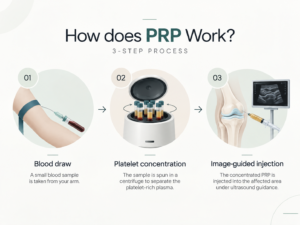 Infographic titled 'How does PRP Work?' explaining the 3-step process: blood draw from the arm, platelet concentration by spinning the sample in a centrifuge, and image-guided injection of concentrated PRP into the knee under ultrasound guidance