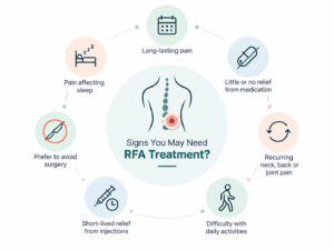 Infographic showing signs you may need RFA treatment: long-lasting pain, little relief from medication, recurring neck/back/joint pain, difficulty with daily activities, short-lived relief from injections, preference to avoid surgery, and pain affecting sleep