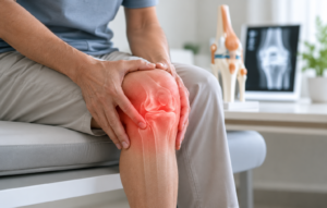 Person holding their inflamed knee joint with an X-ray and knee joint model in the background