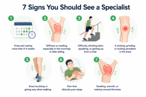 Infographic listing 7 signs you should see a knee pain specialist, including stiffness, swelling, and clicking sensation