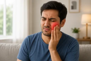 Man experiencing severe facial pain associated with trigeminal neuralgia