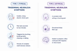 Infographic comparing typical and atypical trigeminal neuralgia symptoms