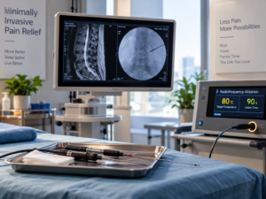 Radiofrequency ablation procedure setup showing spine imaging on monitor, RFA device displaying target temperature and lesion time, and sterile needles on a treatment tray
