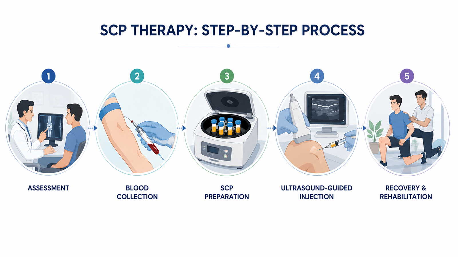 Step-by-step process of Super Concentrated Platelet (SCP) Therapy including assessment, blood collection, platelet preparation, ultrasound-guided injection, and rehabilitation.