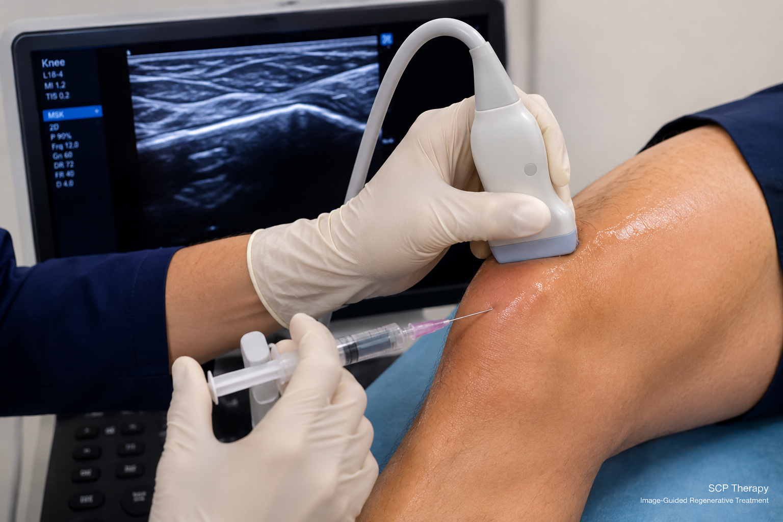 Ultrasound-guided SCP therapy injection being administered to a patient’s knee joint using image guidance for precise placement.