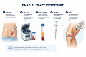 Infographic outlining the 5-step BMAC Therapy Procedure: Harvest, Process, Concentrate, Prepare, and Inject, with brief descriptions and illustrations for each step.