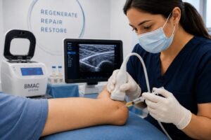 A healthcare provider performs an ultrasound-guided BMAC injection into a patient's elbow, with a BMAC System centrifuge visible in the background.