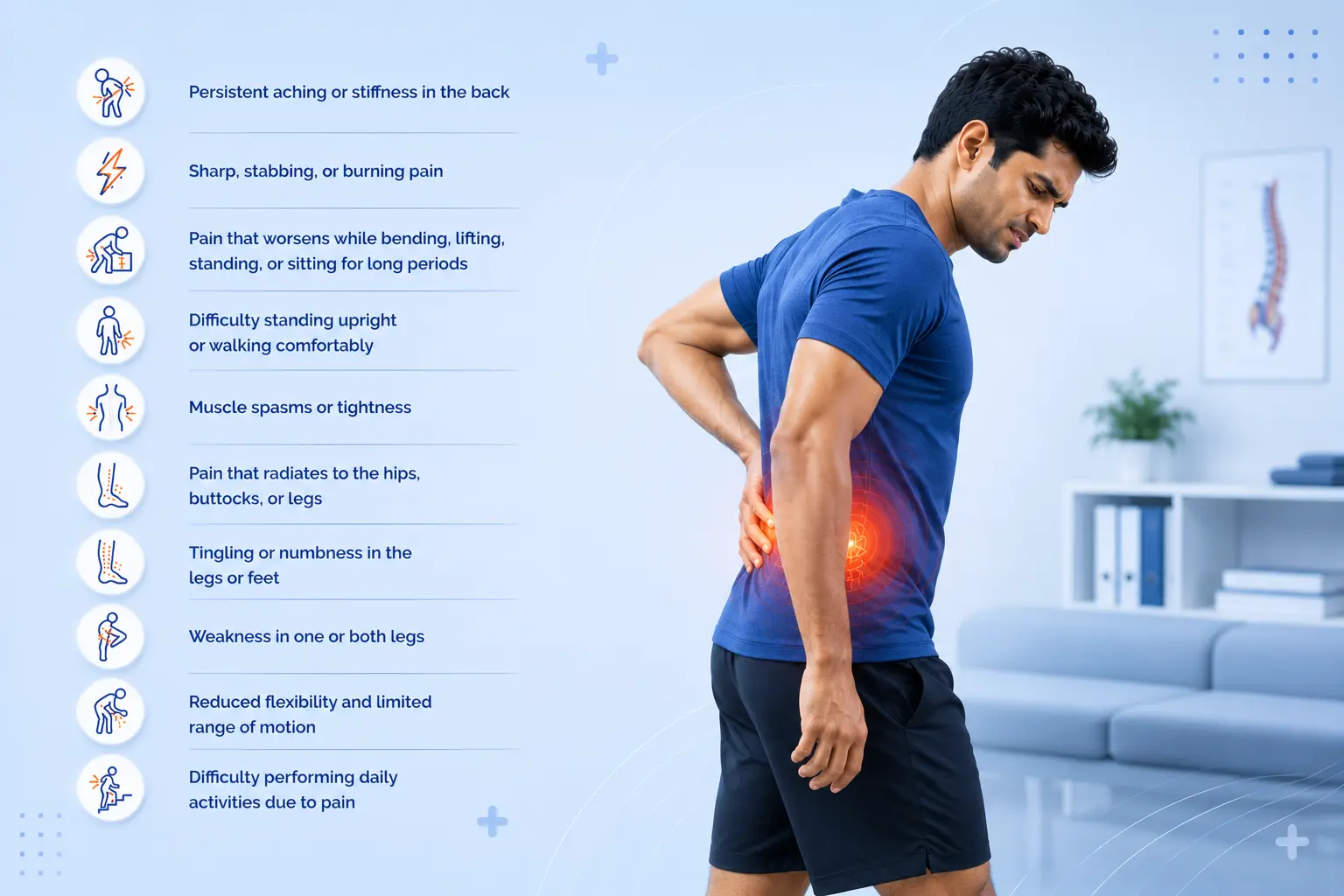 Infographic showing common back pain symptoms alongside an individual experiencing lower back pain, including stiffness, sharp pain, muscle spasms, pain radiating to the legs, numbness, weakness, reduced flexibility, and difficulty with daily activities.