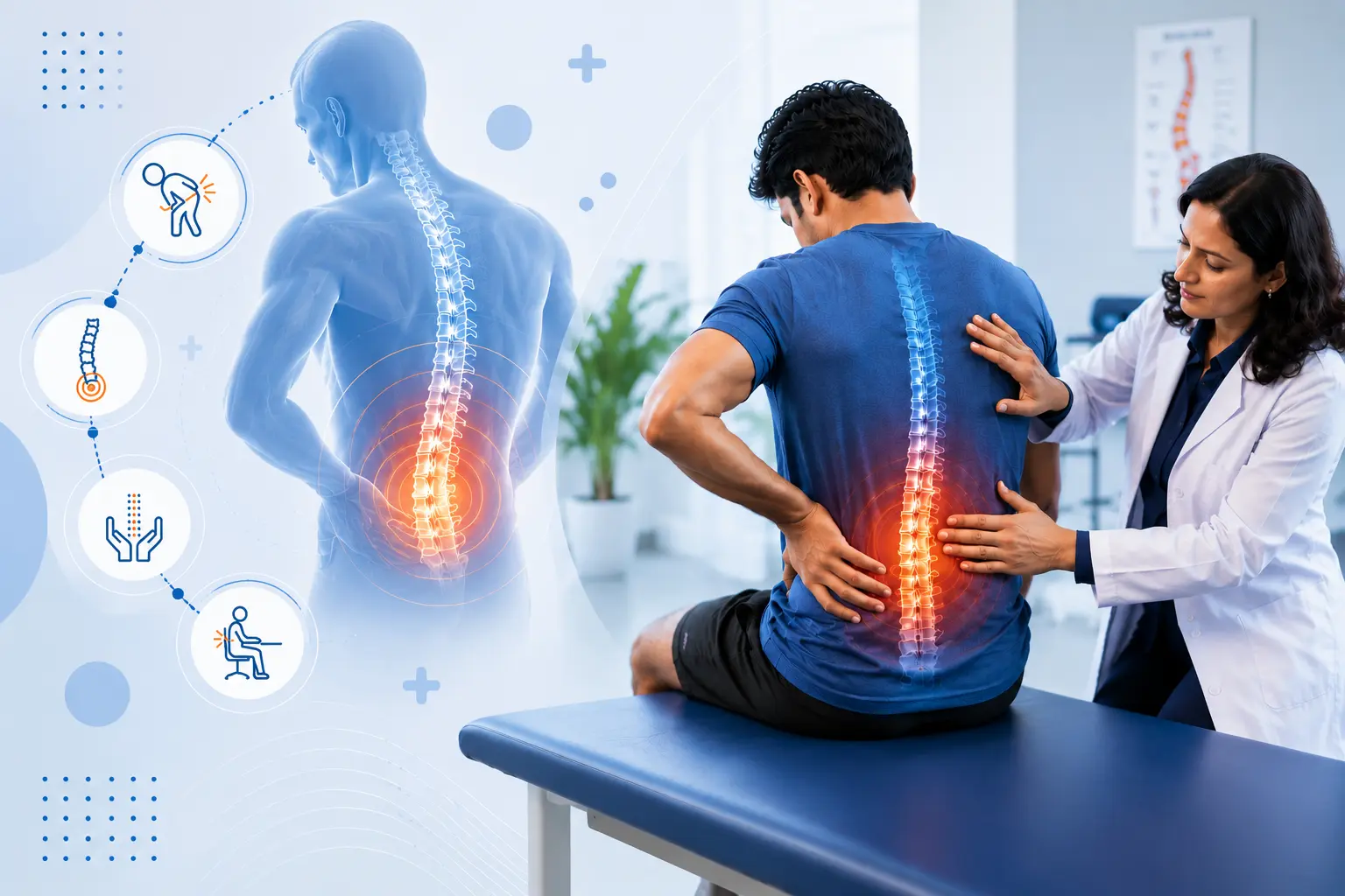 Illustration of a patient receiving back pain treatment from a spine specialist, with highlighted lumbar spine pain, a transparent spine anatomy overlay, and icons representing symptoms, spinal health, and non-surgical spine care.