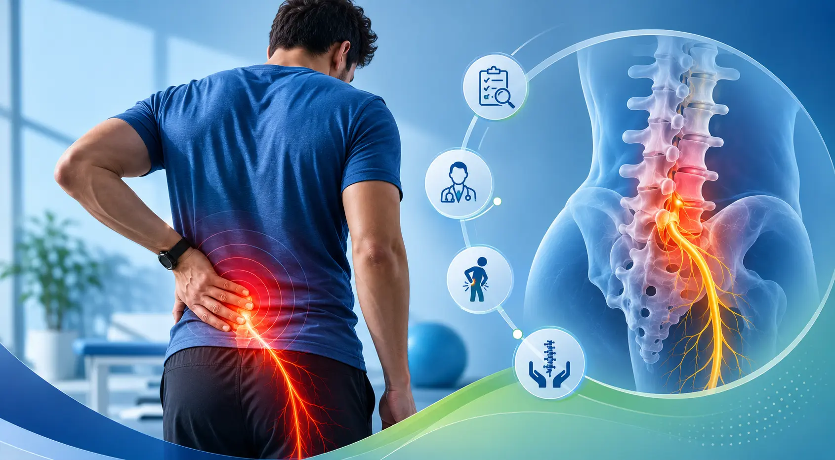 Medical illustration of a man holding his lower back in pain, with the sciatic nerve highlighted in glowing red and orange from the lower spine down the leg. Beside him is a detailed anatomical graphic of the lumbar spine and pelvis showing sciatic nerve compression, along with healthcare-themed icons representing diagnosis, specialist consultation, pain symptoms, and spine treatment on a blue clinical background.