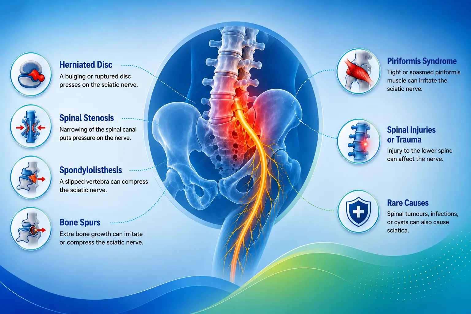 Infographic explaining the causes of sciatica, featuring a detailed illustration of the lower spine, pelvis, and sciatic nerve highlighted in yellow with inflammation in the lower back. It lists common causes including herniated disc, spinal stenosis, spondylolisthesis, bone spurs, piriformis syndrome, spinal injuries or trauma, and rare causes such as spinal tumours, infections, or cysts, against a blue medical-themed background.