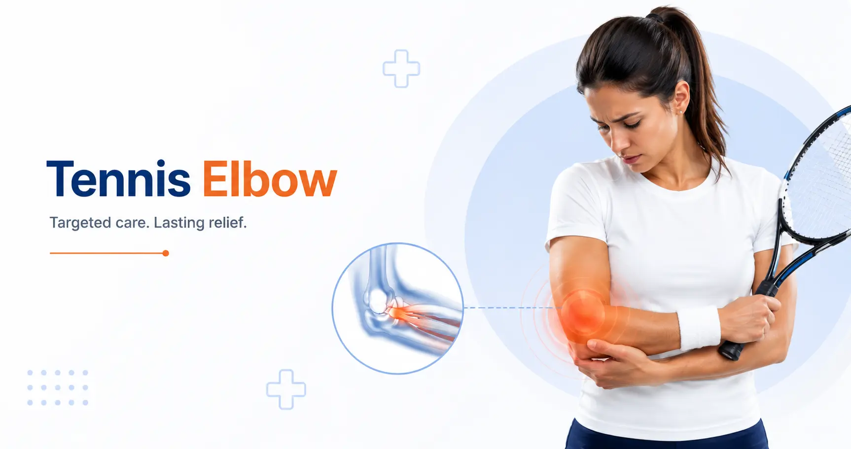 Illustration of a person holding the outer elbow in pain with a highlighted inflamed tendon, representing tennis elbow, against a clean blue and orange medical-themed background.