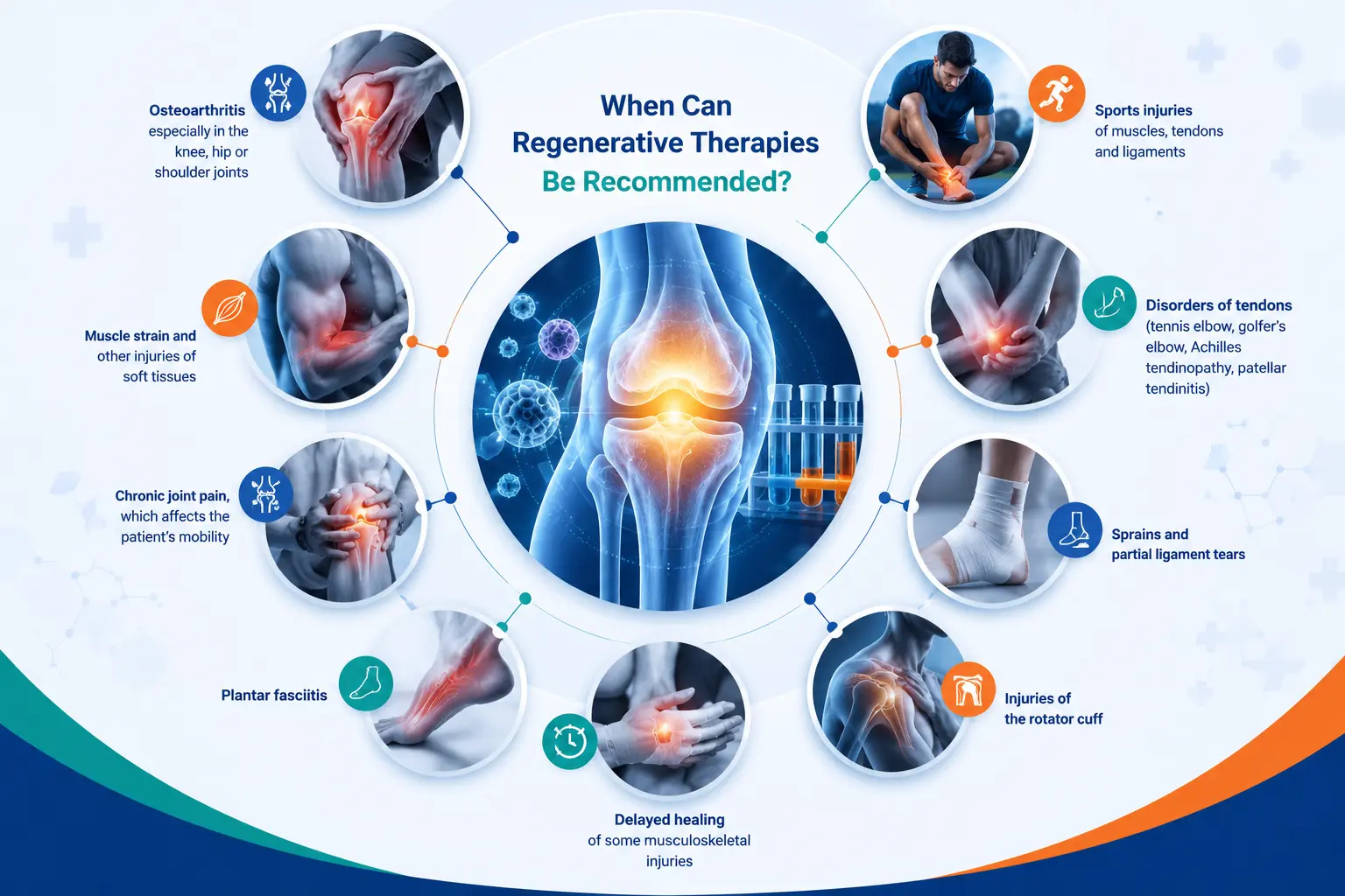 Visual explaining when regenerative therapies, including PRP, SCP, and BMAC, may be recommended for joint pain, sports injuries, and musculoskeletal conditions.