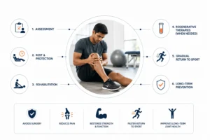 Athlete holding an injured knee with an infographic showing the step-by-step recovery process for ligament and tendon injuries, including assessment, rehabilitation, regenerative therapies, and return to sport.