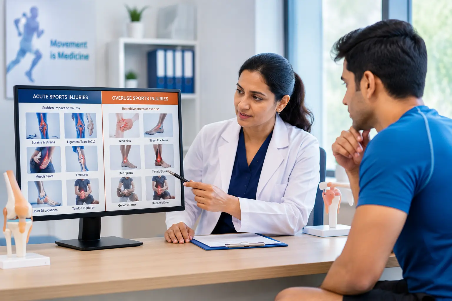 Sports injury specialist explaining acute and overuse sports injuries to a patient using a digital display showing common conditions such as sprains, ACL tears, tendinitis, stress fractures, shin splints, tennis elbow, and runner's knee.