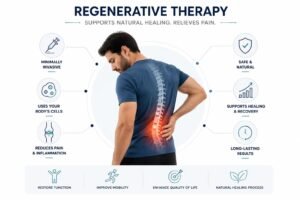 Regenerative therapy infographic showing how minimally invasive treatment may support natural healing, reduce pain and improve mobility.