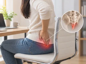Woman holding her lower back in pain while sitting in an office chair, with an inset anatomical image highlighting the tailbone (coccyx)