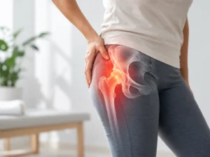 Woman holding her hip in pain with highlighted hip joint illustration showing area of discomfort