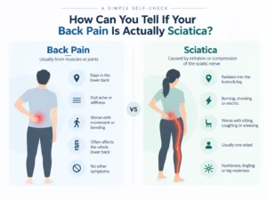 Self-check infographic comparing back pain and sciatica symptoms — location, sensation, triggers, and associated numbness or tingling