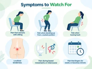 Infographic showing six coccydynia symptoms: pain when sitting, pain standing up from a chair, pain leaning back, tailbone tenderness, pain during bowel movements or intercourse, and chronic lingering pain.