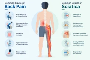 nfographic comparing common causes of back pain (poor posture, muscle strain, weak core) with causes of sciatica (herniated disc, spinal stenosis, piriformis syndrome) on a spine diagram
