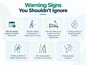 Infographic listing 7 warning signs of hip pain not to ignore, including persistent pain, night pain, and reduced mobility